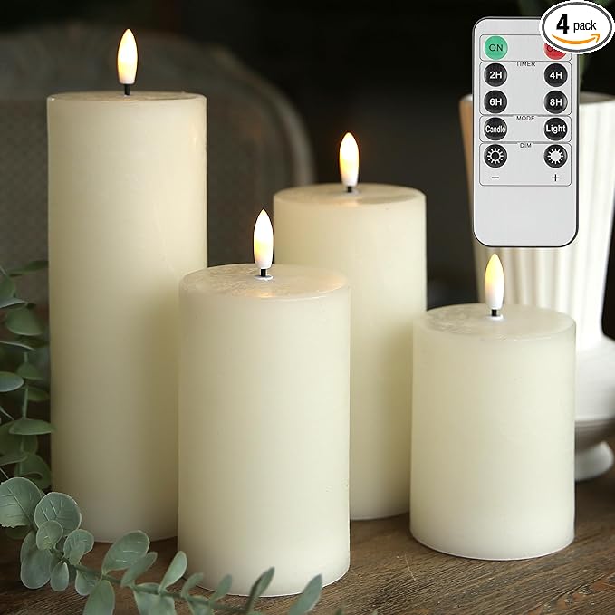 LUSHABOR Flameless Candles, 4 Pack Battery Operated Candles with Remote, Real Wax LED Fake Candles with Timer Flickering for Christmas Wedding Home Party D3 H 5" 6" 7" 9" Ivory