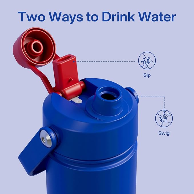 Kids Insualated Water Bottle with Straw - 12oz Stainless Steel Water Bottle with Dual Spouts, Leak-Proof, BPA-Free, Double Wall Vacuum Keeps Cold for 24 Hours for Sports, Travel (Beaucoup Blue)