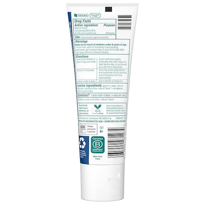 Tom's of Maine ADA Approved Fluoride Kids Toothpaste, Natural Toothpaste, Dye Free, No Artificial Preservatives, Silly Strawberry, 5.1 oz. 3-Pack (Packaging May Vary)