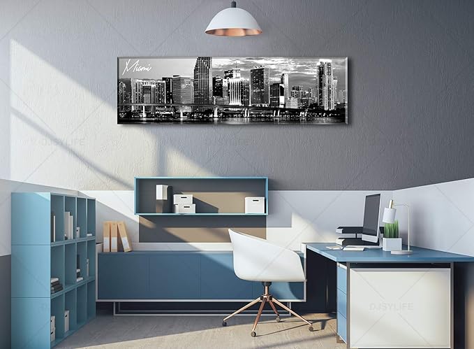DJSYLIFE Miami Skyline Wall Art Decor Panoramic Cityscape Picture Modern USA City Night View Canvas Prints for Bedroom Office Living Room Decoration Stretched and Framed Ready to Hang 13.8"x47.3"