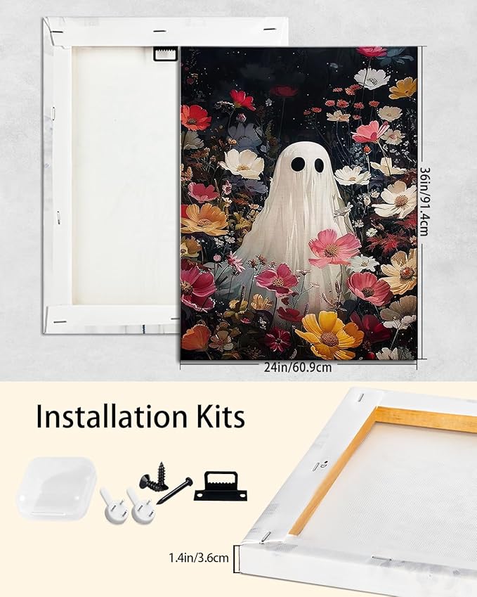 Halloween Canvas Wall Art,Vintage Cute Ghost & Wildflowers Framed Poster, Spooky Fall Decorations for Indoor, Gothic Dark Academia Wall Decor, Funny Halloween Decorations for Living Room Bedroom
