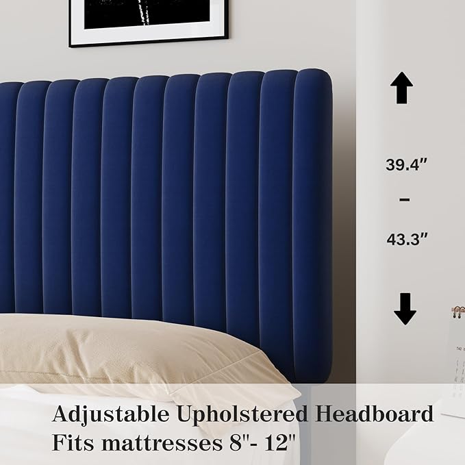 Twin Bed Frame, Velvet Upholstered Platform Bed with Vertical Channel Tufted Headboard and Footboard, No Box Spring Required, Easy Assembly, Blue