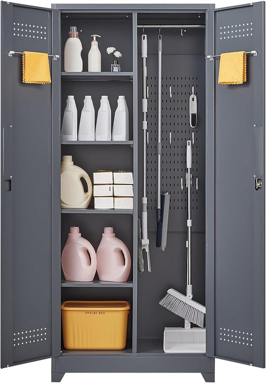 Lockable Storage Cabinet,Utility Closet with Doors and Shelves,SteelGarage Cabinet with Adjustable Shelves for Home,Garage,Gray