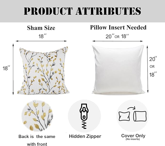 YOUR SMILE Classical Embroidery Jacquard Yellow/Gold Square Decorative Throw Pillow Case Cushion Cover 18x18 inch