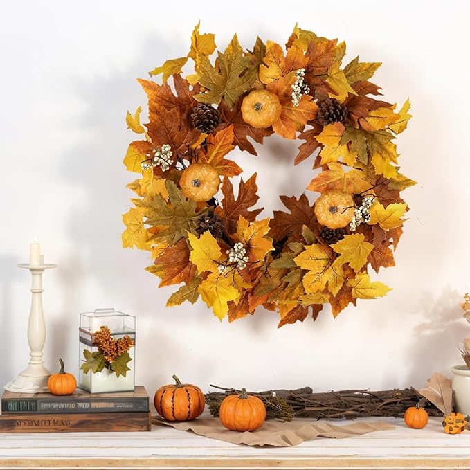 Fall Wreaths for Front Door Outside Autumn Wreath with Lights Berries Pine Cones Fall Decorations for Home Decor Pumpkin Wreath for Farmhouse Holiday Thanksgiving Harvest Halloween Outdoor