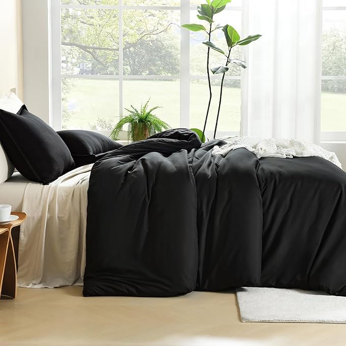 Litanika Oversized King Comforters Black Super King Size, 3 Pieces Lightweight Solid Bedding Comforter Set, All Season Fluffy Bed Set (120x120In Comforter & 2 Pillowcases)