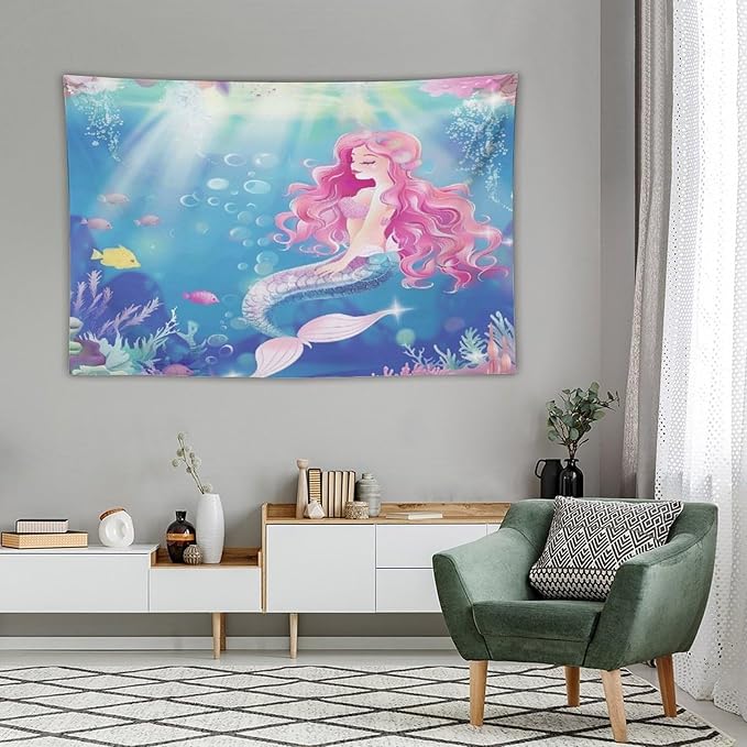 HZOHNAGO Mermaid Girls Tapestry Watercolor Mermaid Princess Pink Hair Pattern for Kids Room Decoration Printed Wall Tapestry Wall Hanging for Bedroom Living Room Dorm 60" W x 40" H