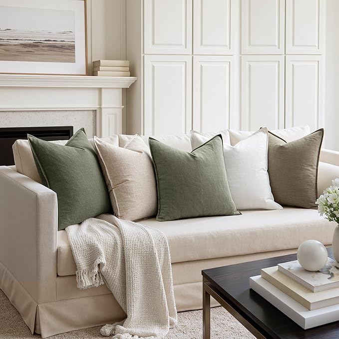 MIULEE Decorative Linen Pillow Covers 20x20 Inch Olive Green Boho Farmhouse Neutral Couch Throw Pillows for Bed Pack of 2 Accent Outdoor Pillowcase Modern Sofa Cushion Livingroom Home Decor