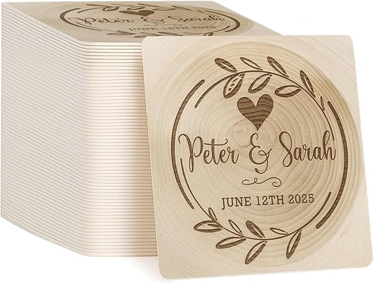 60 Pack Personalized Wedding Coasters, Custom Cardboard Coasters for Drinks with Photo Print and Text, Keepsake Wedding Favors and Gifts for Couples, 4x4 Square, Design 1