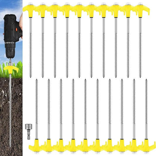 Hicarer 20 Pcs 20 Pcs 8'' Screw in Tent Stakes Heavy Duty Ground Metal Stakes for Inflatables with Hex Head Driver for Outdoor Camping Tent Inflatable Garden Decor (Yellow)
