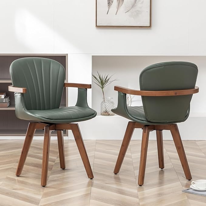 LUNLING Swivel Dining Chairs, Mid Century Modern Green Faux Leather Kitchen Chairs with Arms,Bamboo Legs Side Chairs No Wheels,Accent Chair for Dining Rooms and Offices,1PCS