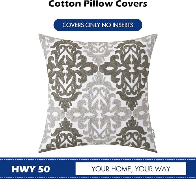 HWY 50 Grey Gray Decorative Throw Pillow Covers 18x18 Inch (1 Piece), Embroidered Cotton Farmhouse Cushion Cover Pillow Case for Sofa Couch Living Room Bed Bedroon, Floral Geometric