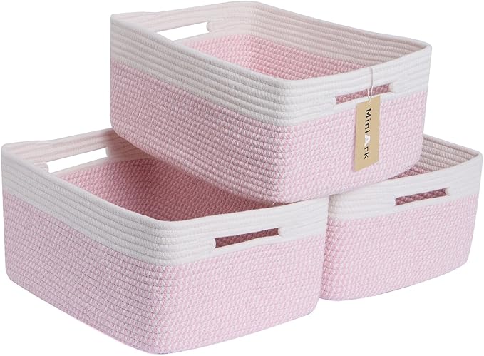 Large Storage Baskets for Shelves, Closet Organizers Bins for Clothes Blanket Towels, Baby Nursery, Toy Baskets Box, Woven Rope Baskets, 17 x 13 x 7.5”, 3 Packs Woven Pink