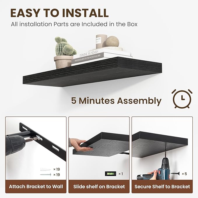 48 Inch Floating Shelves, 12 Inch Deep Floating Shelves for Wall, Floating Shelf with Invisible Brackets, Deep Shelves for Bathroom, Bedroom, Living Room, 1 Pack, Black