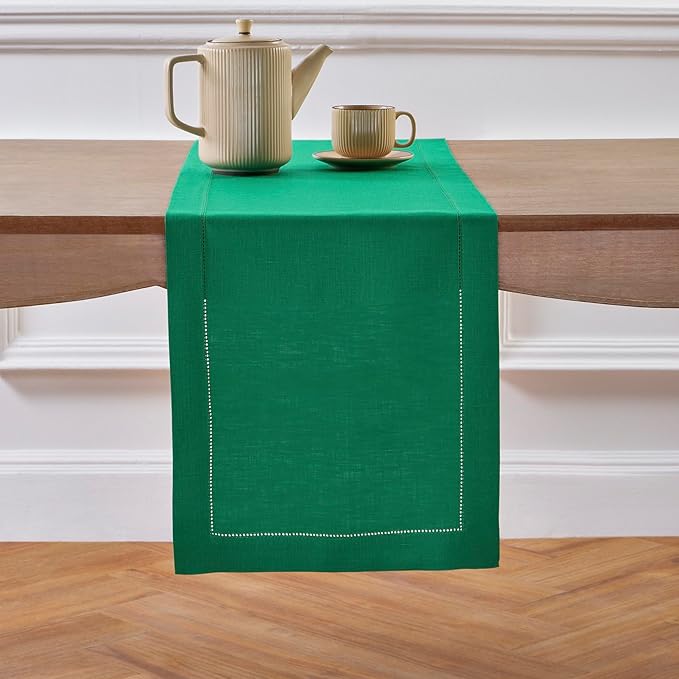Solino Home Linen Emerald Green Hemstitch Table Runner 48 Inches - 100% Pure Linen Small Table Runner 14 x 48 Inch Ideal for Dresser and Coffee Tables - Classic Hemstitch