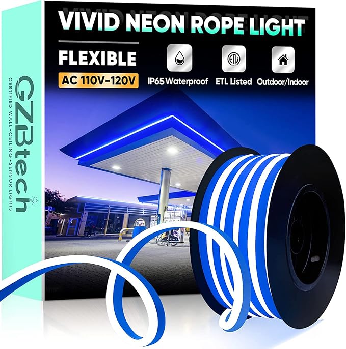 GZBtech Flexible LED Neon Rope Lights 16.4FT,AC 110-120V Waterproof Neon Strip Light, 120LEDs/M Cuttable Connectable Rope Lighting for Indoor Outdoor Home Decor/Commercial Building Use-Blue 5M