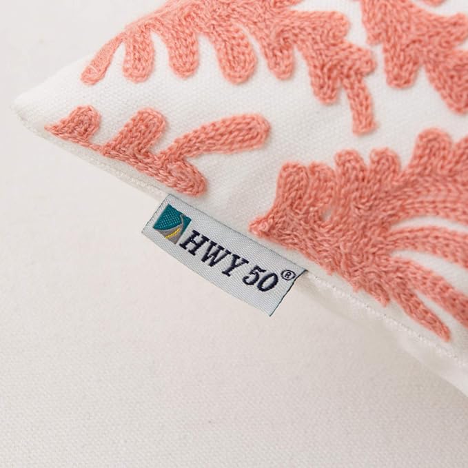 HWY 50 Coral Pink Decorative Throw Pillow Covers 18x18 Inch (1 Piece), Embroidered Cotton Farmhouse Cushion Cover Pillow Case for Sofa Couch Living Room Bed Bedroon, Floral Branches