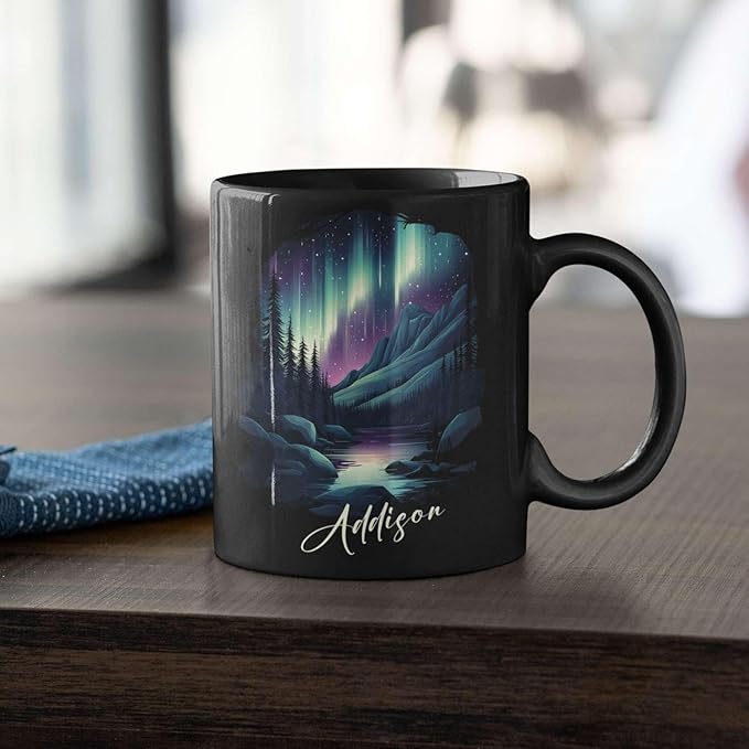 Customized Name Coffee Cup 11oz 15oz, Personalized Northern Lights Landscape Mug, Scenic Mountain And River Black Cup, Custom Northern Lights Inspired Ceramic Mug, Gift For Women