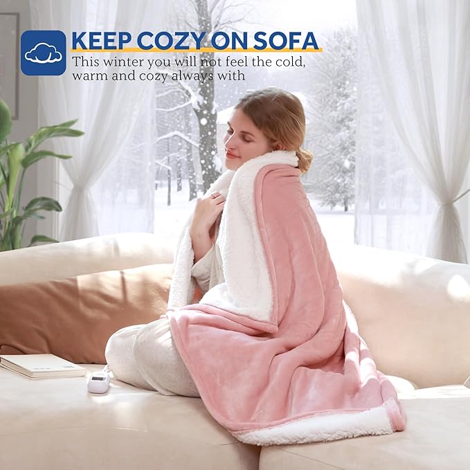 Sealy Electric Blanket Throw Size 50"*60",Super Cozy Flannel to Sherpa Reversible Heated Blanket Throw with 6 Heating Levels & 2-10 Hours Auto Off Overheating Protection Machine Washable,Pink