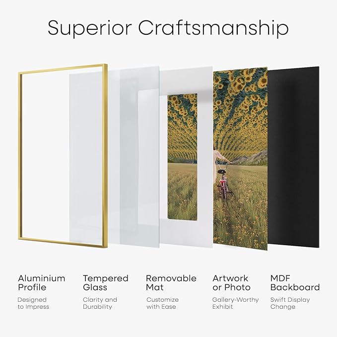 Homeforia 12x18 Picture Frame Gold, High End Metal 12x18 Poster Frames with Mat 8.5x11 Photo, 12 x 18 Gold Frame Matted to 8.5 by 11 Print, 18x12 Thin Hanging Frame, Tempered Glass, Wall Kit, Set of 1