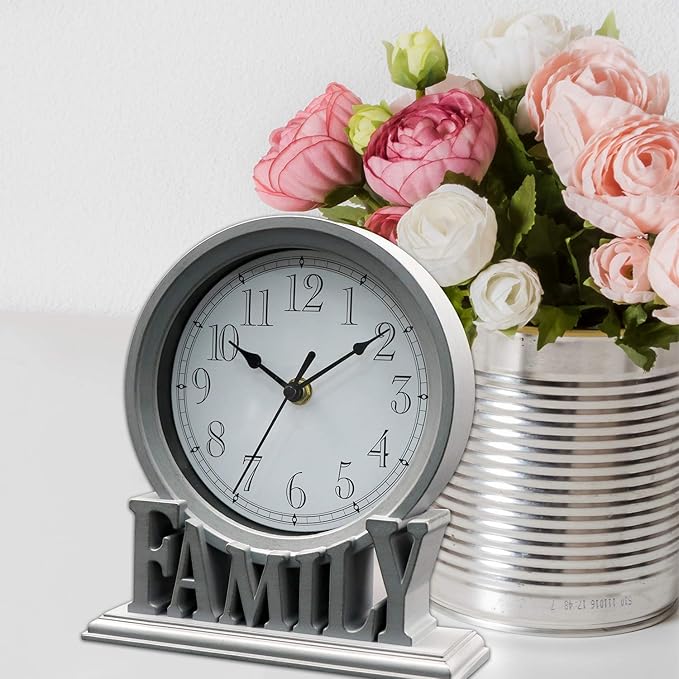 6.5 Inches Table Clock, Vintage Non-Ticking Family Mantel Desk Clock Battery Operated with Quartz Movement HD Glass for Kids Bedroom Living Room Office (Distressed Grey)