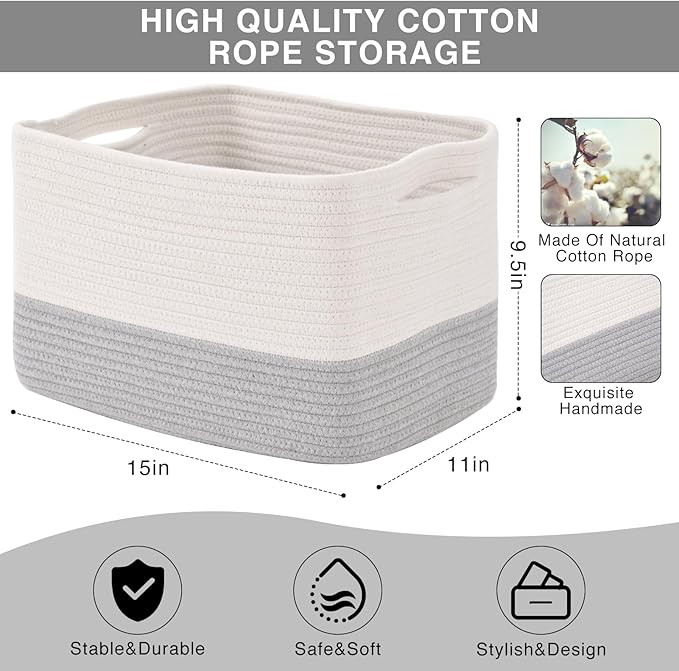 Storage Baskets for Organizing Shelves, Woven Cotton Rope Bins for Baby Nursery Organization, Book Toy Towel Organizer, 15"x11"x9.5", 3 Packs, Off White & Grey