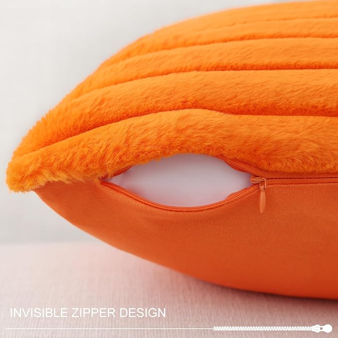 Pallene Faux Fur Plush Fall Throw Pillow Covers 24x24 Set of 2, Luxury Soft Fluffy Striped Decorative Pillow Covers for Sofa, Couch, Living Room, Burnt Orange