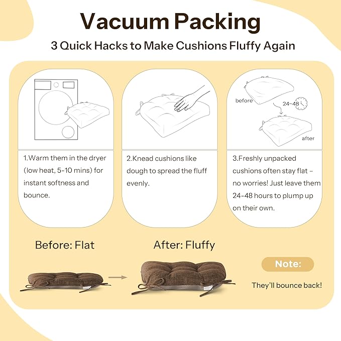 Non Slip Chair Cushions for Dining Chairs Set of 4 Kitchen Chair Cushions 18"x18"x3" Turfted Chair Pads Comfortable and Soft Seat Cushion with Ties, Coffee