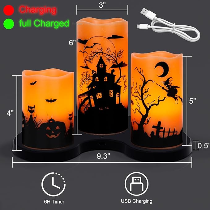 Wondise Halloween Rechargable Flickering Flameless Candles with 6H Timer, Battery Operated LED Real Wax Candles with Charging Base Set of 3 Halloween Home Decoration Gifts(3 x 4 5 6 Inch)