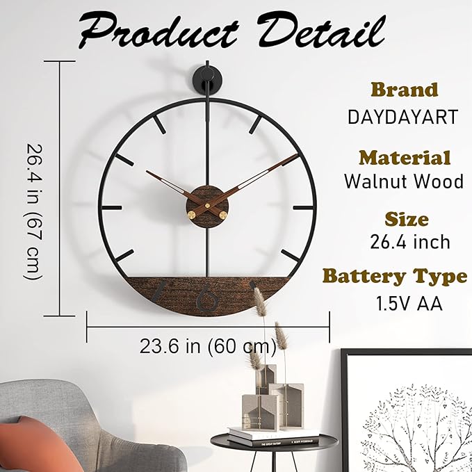 Modern Wood Walnut Dial Wall Clock, Large Simple Wall Decor Metal Frame Silent Non Ticking Clock for Living Room Decor, Kitchen, Bedroom, Study Decoration, Handmade Home Gift Idea, 26.4 in