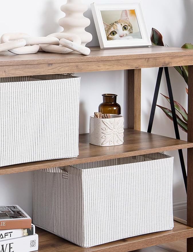 StorageWorks Storage Bins, Fabric Storage Bins for Shelves, Large Storage Baskets with Metal Frame, Closet Baskets and Bins with Handles, Gray and White Stripes, 2-Pack
