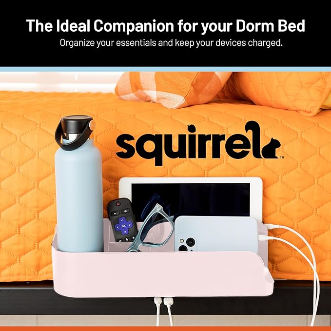 Squirrel Pink Bedside Perch for College Dorm Room Lofted Beds with USB-C & A Charging Ports, Teenage Gifts, Dorm Room Gifts, Gifts for college, fits most Hydro Flask, Oswala and Yeti bottles.