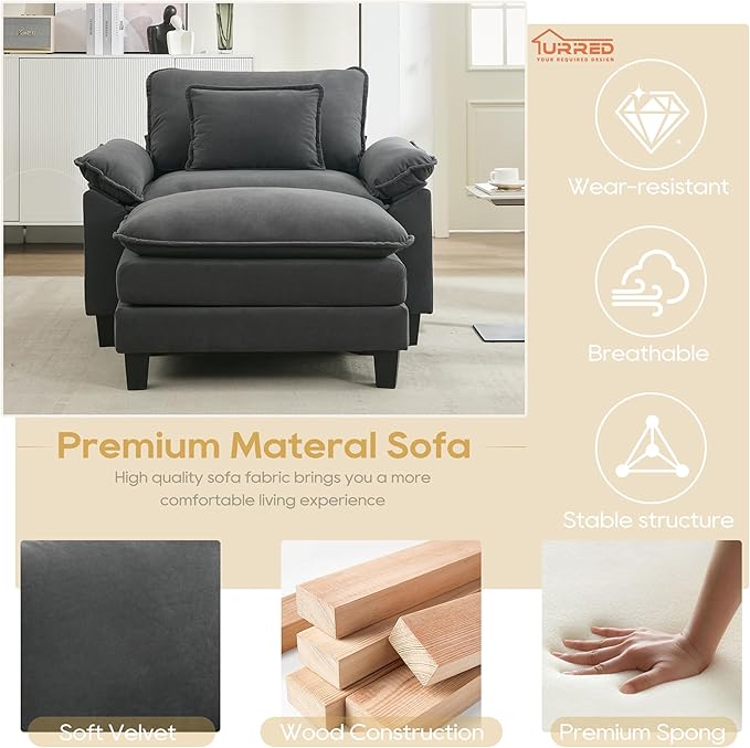 URRED Modular Sectional Sofa Comfy Cloud Couch, Modern Chenille Sofa Sleeper Deep Seat Couches with Ottoman/Pillows for Living Room (Dark Gray, 53''- Ottoman)