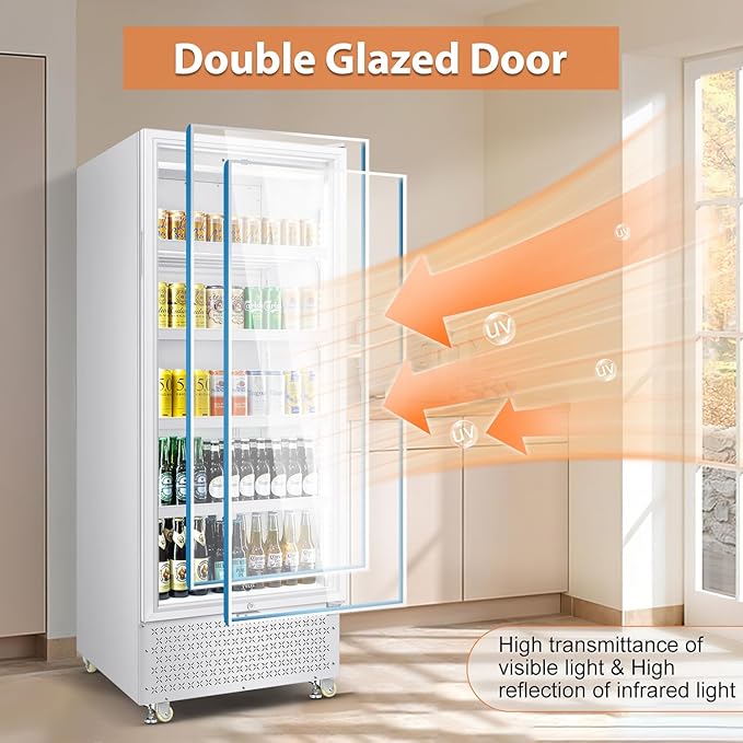 Tylza Commercial Refrigerator with Glass Door Display Beverage Fridge, 14.8 Cu Ft Upright Beverage Cooler Merchandiser with Rebound Door, Low Noise, Fast Cooling, White