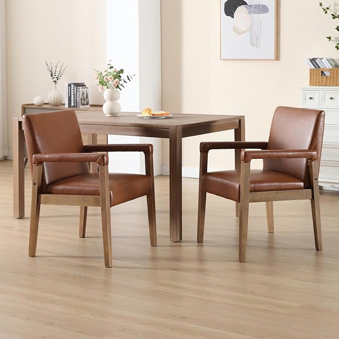 Mid Century Modern Dining Chairs Set of 2 Faux Leather Upholstered Living Room Side Chair, Kitchen Arm Chair with Solid Wood Legs for Home Kitchen & Restaurant, PU Brown