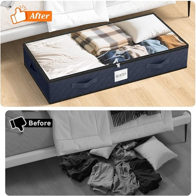 SpaceWhisper 90L Under Bed Storage Containers, 6-Pack Storage Bins with Clear Top, Foldable Closet Organizers and Storage with Label Holder for Clothing, Blankets, Comforter & Pillows(Blue)