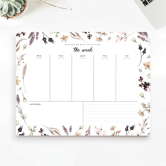 Bliss Collections Weekly Planning Pad, To Do List Notebook - Undated Tear-Off Sheets Notepad - Work Calendar, Organizer, Scheduler for Goals, Tasks - Shade Garden, 8.5" x 11", 50 Sheets
