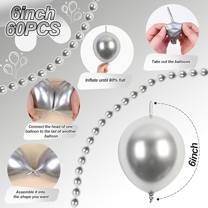 Silver Link Balloons, 60PCS Linking Balloons with Tail for Balloon Wall Arch and Chains, Quick Linkable Balloon for Wedding Birthday Baby Shower Engagement Graduation Party Decorations (6inch)