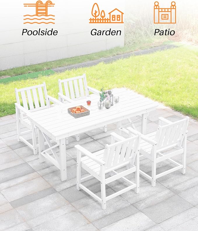 HDPE Outdoor Dining Set of 6, Patio Dining Table Set with 4 Chairs and 1 Bench, 6 Pieces HDPE Dining Set with Umbrella Hole, Outdoor Furniture Sets for Deck, Poolside, Garden, Pearl