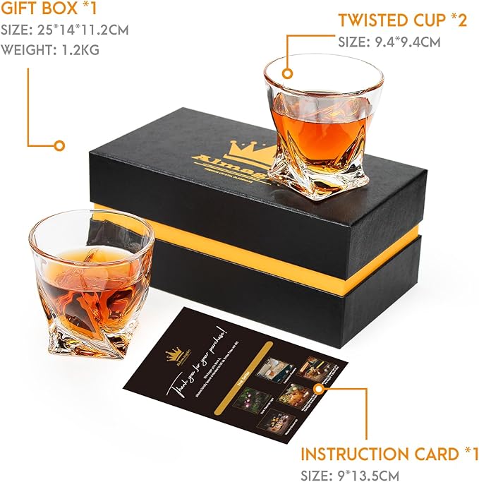 Crystal Whiskey Glasses Set of 2 (11 Oz), Old Fashioned Glass Packaged in Sturdy Gift Box, Unique Gifts for Men, Twisted Style Bourbon Glass Cocktail Glasses, Dad Gifts for Birthday