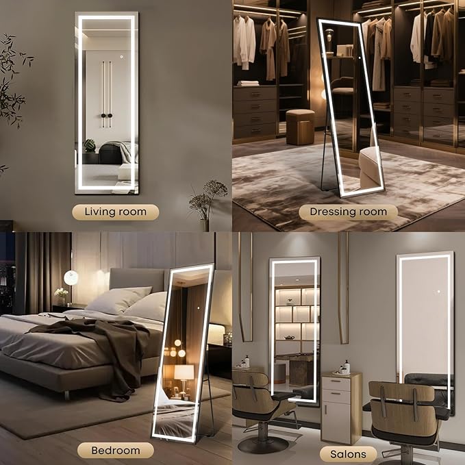64" x 22" Full Length LED Floor Mirror - Big Wall/Standing Mirror with Lights, Dimmable Touch Screen & Adjustable Color (White/Warm Light), Full Body Mirror for Bedroom, Dressing Room, Vanity, Makeup