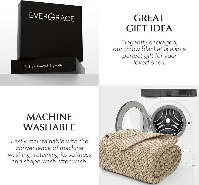 EVERGRACEHOME Chunky Chenille Knit Throw Blanket for Couch, Soft Luxurious Moss Stitch Blankets for Bed, Cozy Decorative Farmhouse Knitted Throws for Sofa, Sand Dune, 60" x 80"