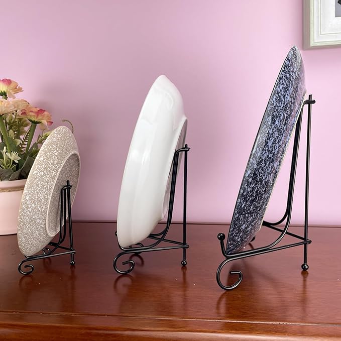 6PCS 3 Size Black Iron Plate Stands for Display - 4, 6, 8 Inch Decorative Metal Plate Holders - Mini Easel, Frame, Book, Card, Plaque, Bowl, Picture Display Stands