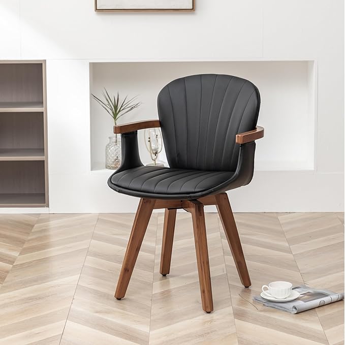 LUNLING Swivel Dining Room Chairs Set of 2, Mid Century Modern Black Faux Leather Kitchen Chairs with Arms,Bamboo Legs Side Chairs No Wheels,Accent Chair for Dining Rooms and Offices