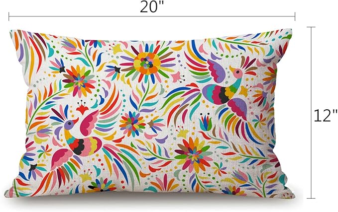 12x20 Inches Pillow Covers Rustic Farmhouse Decor Mexican Floral Pillowcases Cotton Linen Ethnic Art Birds and Paisley Flowers Throw Pillow Case Cushion Cover for Sofa Couch Bedroom