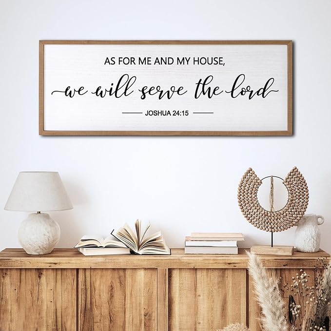 As For Me And My House We Will Serve The Lord Framed Wall Art, 32''×12'' Horizontal Positive Religious Rustic Bible Verse, Vintage Holy Catholic Scripture Decor for Christian God Jesus Christ Prayer