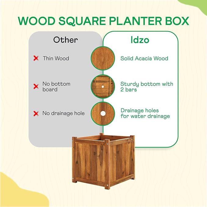 IDZO Set of 2 Acacia Wood Flower Planters for Outdoor Plants, Ergonomic Handles, Drainage Holes, Various Sizes, Ideal for Home Décor, Light Cherry