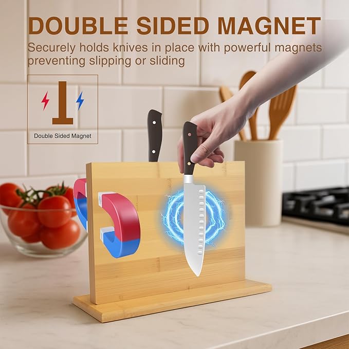 Magnetic Knife Block 28 x 19 Inches, Double Sided Magnetic Knife Holder Rack for Kitchen Counter, Acacia Wood Magnetic Knife Storage Stand with Knife Sharpener