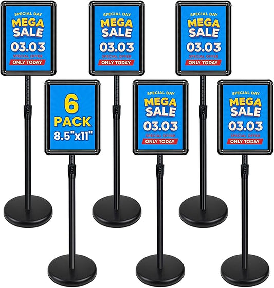 6 Pack Sign Stand for Display - Adjustable 8.5x11 Inch Floor Standing Sign Holder, Pedestal Poster Stand for Vertical&Horizontal View, Indoor&Outdoor Use for Business, Mall, Restaurant - Black