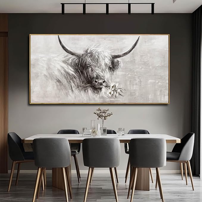 Farmhouse Decor Framed Wall Animal and Flower Artwork Grey Vintage Cow Wall Art with Frame for Living Room Bedroom Dining Room Office 29x58 Inch